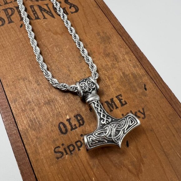 Viking Thor Hammer Pendant and Rope Chain Necklace - Picture 2 of 6